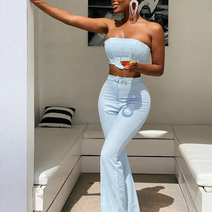 Fashionable Crop Top and Bell-Bottom Pants Set for Women